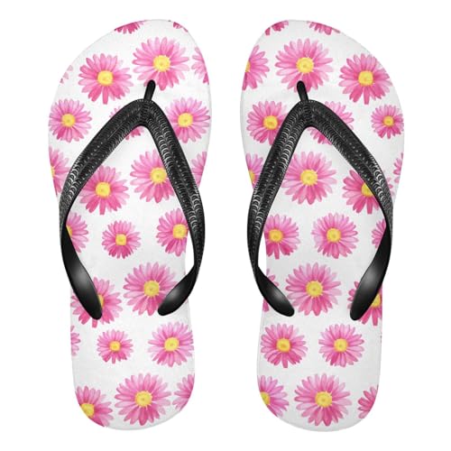 Sinestour Pink Flowers White Flip Flops for Beach Thong Sandals Anti-slip Lightweight Beach Slippers for House Indoor Outdoor