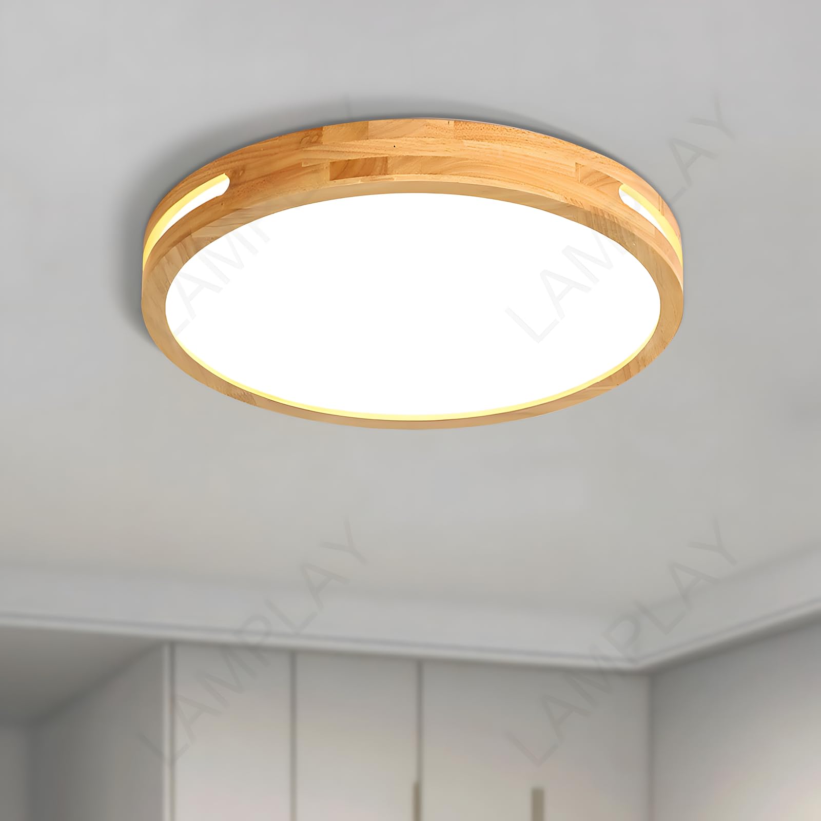 Lamplay Ø30cm-Cool Light 6000K(No Dimmable) Round Wooden Ceiling Lamp, Ø30cm Cool Light Led Lamp, Original Natural Wood 6000K 18W, Side Hollow Design, Bedroom Living Room Study Children's Room Kitchen Dining Room Corridor Entrance Hall