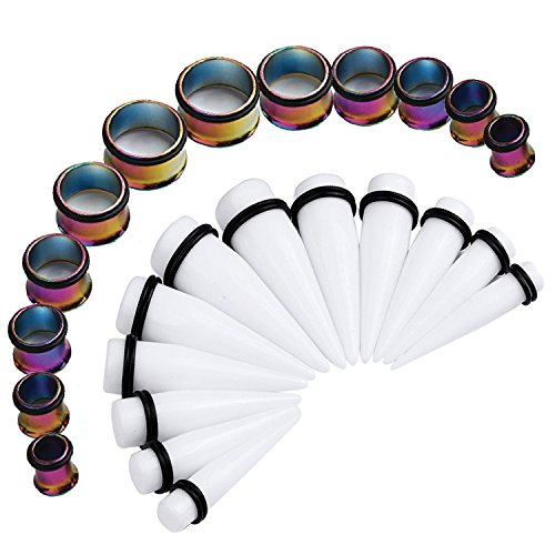 BodyJ4You 24PC Big Gauges Kit Stretching 00G-20mm White Acrylic Tapers Rainbow Steel Tunnels