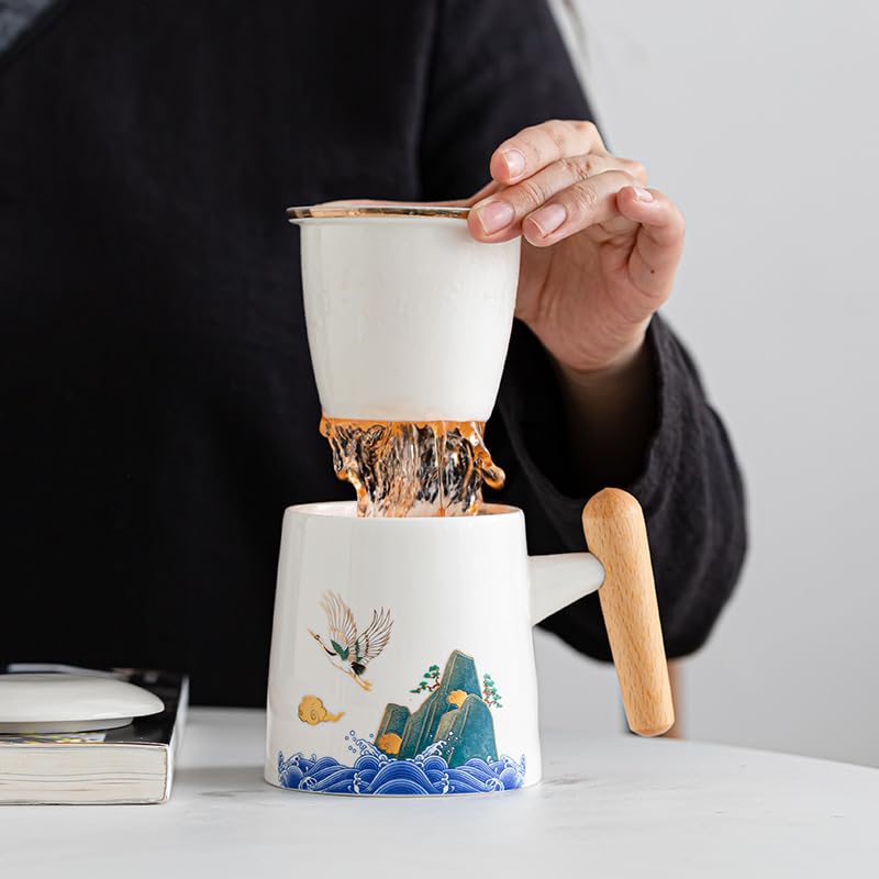 Tasse à thé Tasse à infusion en céramique avec couvercle, tasse à séparation d'eau et de thé, tasse filtrante avec poignée en bois, tasses de bureau Récipient de trempage(A)