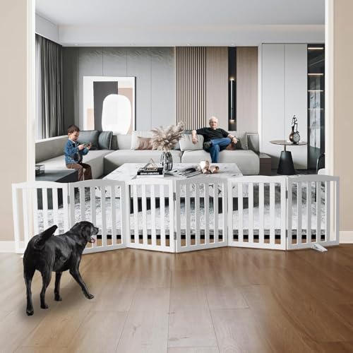 Image of Freestanding Pet Gate, Folding Safety Fence Wooden Kids & Dog Gate with 2PCS Support Feet Ideal for Stairs, Doorways, Halls, Kitchens, Indoors Gates, 24 inch(60 Cm), White (6 Panel)