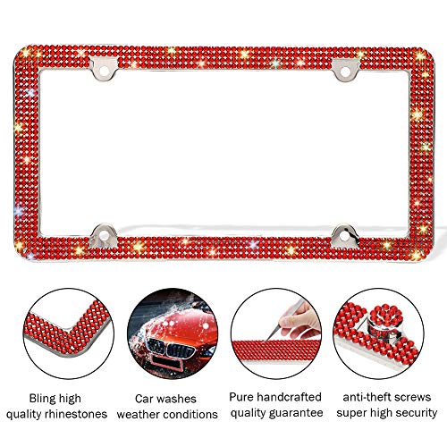 Otostar Bling License Plate Frame, Handcrafted 4 Rows Shiny Rhinestones Stainless Steel 4 Holes License Plate Frame With Anti-Theft Screws Caps Set (Red, 1 Pack) #TOP3