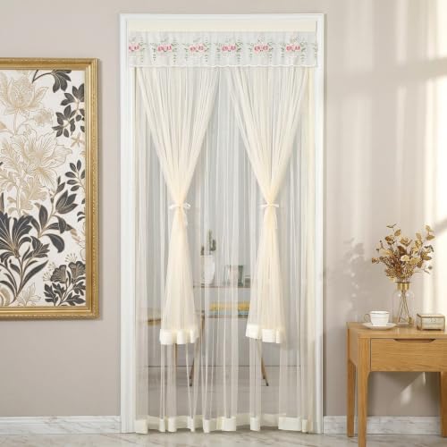 Image of HASTHIP Lace Door Curtain Double Layer Sheer Privacy for Doorway | Mesh lace fabric with easy tape installation filters soft light keeps mosquitoes out