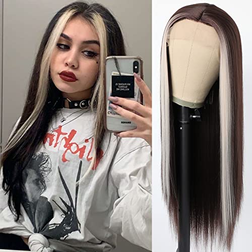 QD-Tizer Dark Brown Hair Lace Front Wig Long Straight Hair Wigs Blonde Face Framing Highlights Heat Resistant Synthetic Lace Front Wigs for Women QD-Tizer Dark Brown Hair Lace Front Wig Long Straight Hair Wigs Blonde Face Framing Highlights Heat Resistant Synthetic Lace Front Wigs for Women