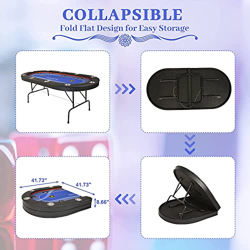 Vilobos Poker Table Foldable, 10 Players Texas Holdem Poker Table, Casino Table For Blackjack Board Game W/Deep Steel Cup Holder, Blue Felt Surface #TOP3