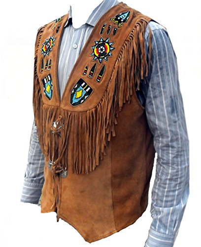 Men's Big Indian Western Leather Vest Fringed & Beaded Brown 5X-Large2