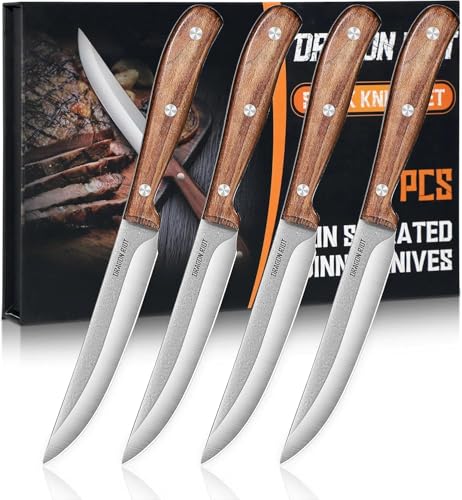 DRAGON RIOT Set De Couteau A Steak 4 Pièces, Couteaux À Steak Avec Manche En Bois, Set De Couteaux De Table Avec Coffret Cadeau