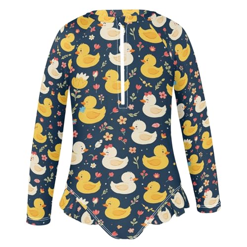 Duck Flowers Pattern Girls Long Sleeve Swimsuit Rash Guard One Piece Bathing Suits Zipper 3-12T2
