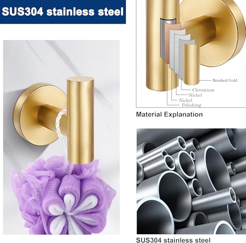 5 Pieces Bathroom Hardware Accessories Set Brushed Gold, 24Inch Bathroom Towel Rack Set SUS304 Stainless Steel, Round Toilet Paper Holder with Shelf Heavy Duty, Wall Mounted - Thumbnail 3