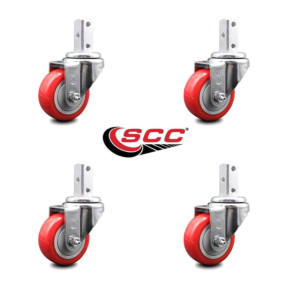 Swivel Square Stem Caster Set 4 w/3” x 1.25” Red Polyurethane Wheel - 3/4” x 2” Square Stem with (3) 17/64” Diameter Mounting Holes - Includes 4 Swivel - 1200 lbs. Cpty/Caster - Service Caster Brand