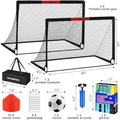 Kids Soccer Goals for Backyard Set - 2 of 6x4 ft Portable Soccer Goal Training Equipment, Practice Soccer Net with Soccer Ball, Cones, Bag, Soccer Set for Kids Youth Toddler Games, Sports Outdoor Play - 1
