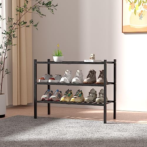 3 Tier Bamboo Shoe Rack for Closet Free Standing Wood Shoe Shelf Storage Organizer for Entryway Small Space Stackable 27"x11"x20" (Black)