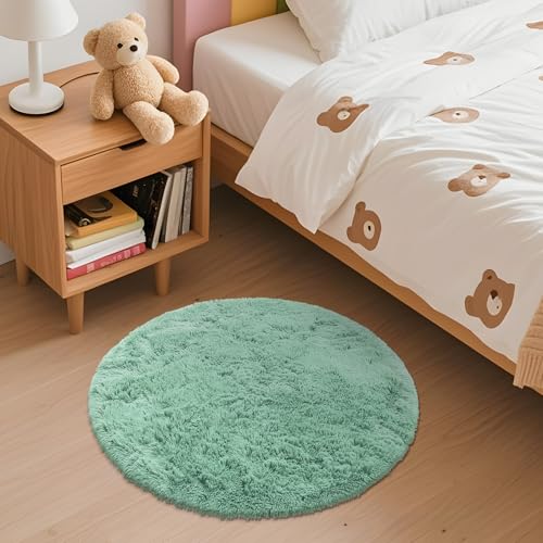 OLANLY Mint Green Round Rugs for Bedroom - Machine Washable, 2 ft Circle Area Rugs for Living Room, Soft and Fluffy Shaggy Carpet for Teen Girls and Boys, Nursery Rooms, Dorms, Home Decor Aesthetic