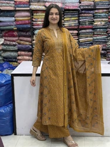Image of GoSriKi Kurta Sets for Women Viscose Blend Printed | Kurti Set for Woman | Kurta Palazzo Dupatta Set | A Line Kurti | Mandarin Collar 3 /4 Sleeve Suit Set for Women Stylish Ethnic Outfit