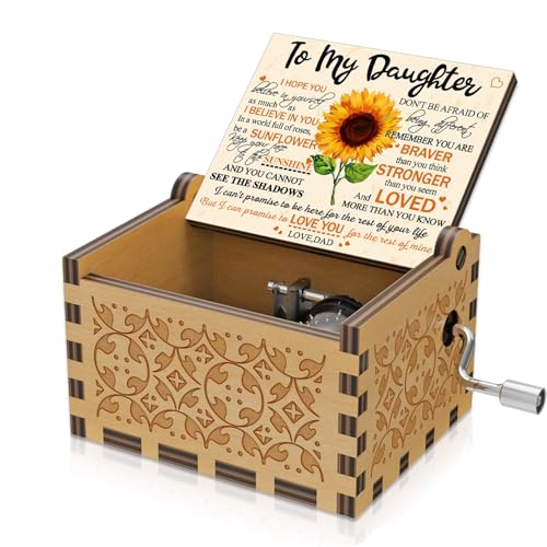 BOOB Engraved Hand Crank Wood Music Box You are My Sunshine Gift for Daughter from Dad Sunflower Color Mini Music Box for Christmas/Valentine's Day/Thanksgiving/Birthday