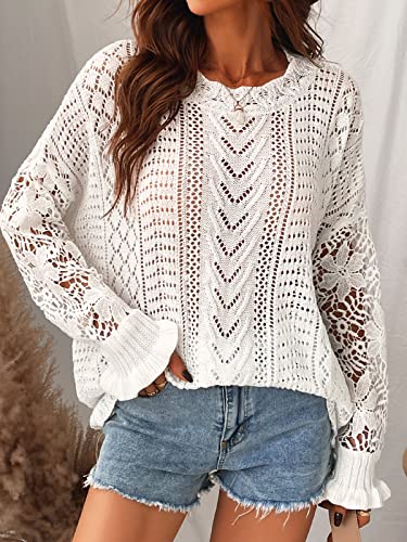Cupshe Womens Long Sleeve Solid Fall Winter Casual Knit Floral Lace Pullover Sweater White #TOP4