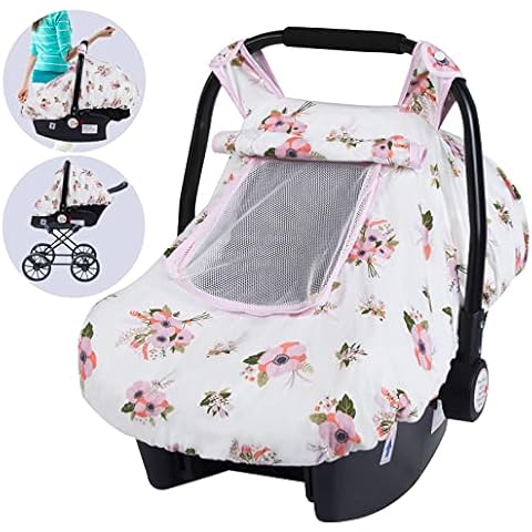 SMTTW Baby Car Seat Covers, Infant Car Canopy for Spring Summer Autumn Winter, Universal Fit, Snug Warm Breathable, Car Seat Canopy for Boys Girls (White Flower) Cover