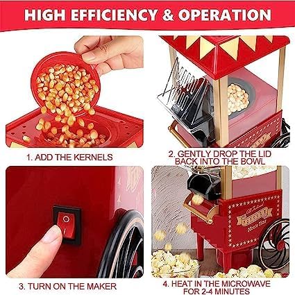 Image of Old-Fashioned Vintage Popcorn Maker Machine, 1200-Watt Hot Air Popcorn Popper for Healthy Oil-Free Snacks