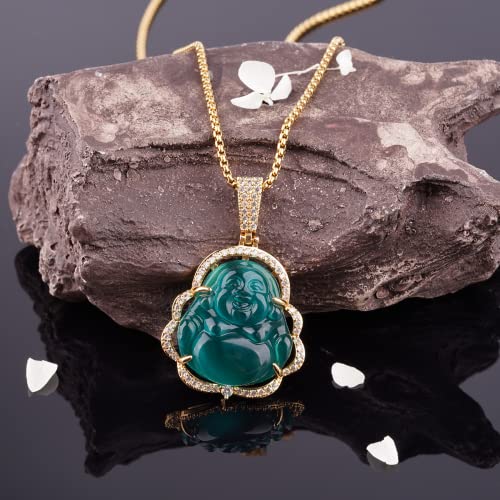 Buddha Necklace Green Jade Lucky Buddha Pendant with 14K Gold Plated Chain Luxury Bling Laughing Buddah Neckless for Women Men2