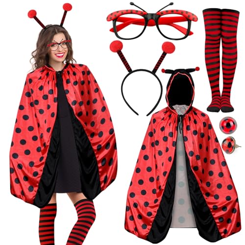 LEACCO Marienkäfer Kostüm Damen Umhang Set mit Marienkäfer Haarreif Ohrringe Socken Brille Karneval Kostüm Marienkäfer Damen Erwachsene kleidung...