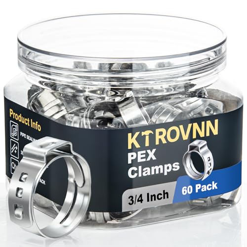 KTROVNN 60 Pack 3/4 Inch PEX Cinch Clamps Rings Heavy Duty 304 Stainless Steel Pex Crimp Rings Thickened Single Ear Hose Clamps for PEX Tubing Pipe Fitting Connections