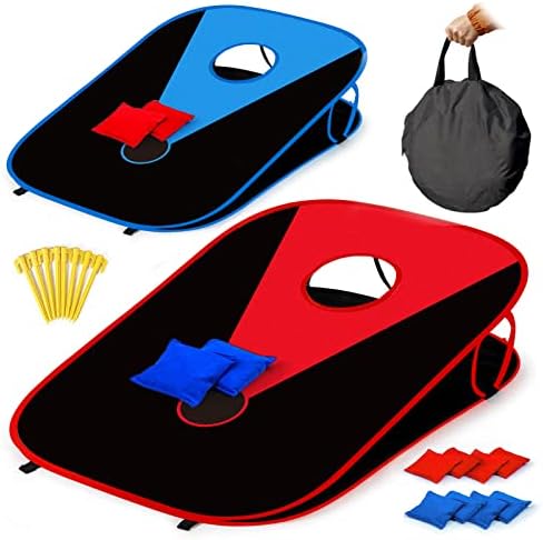 Portable Cornhole Set Outdoor Game - Collapsible Cornhole Boards Blue&Red Corn Hole Set with 8 Cornhole Bean Bags and Carrying Case for Yard Outside Indoor Fun Activities for Kids Adults Family