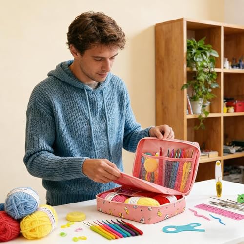 Image of KRENZ 59 Piece Crochet Kit for Beginners with 5 Yarn & Crochet Hooks, Stitch Markers & Storage Bag All in One Crochet Set for Kids & Adults