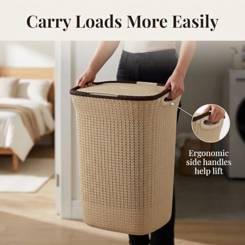 Image of PrettyKrafts 60L Plastic Laundry Basket with Lid | Large Clothes Laundry Basket & Storage Bin | Toy Storage Basket | Multipurpose Storage Organiser | 61x45x35cm | Beige