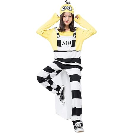 Amazon S C Live ハロウィンコスチューム 大人コスチューム レディース メンズ 男女共用 囚人ミニオンズ衣装 ミニオンコスプレ衣装 イエロー 黄色 ミニオン着ぐるみ 帽子付 黒白ストライプ衣装 囚人コスチューム衣装 囚人服 レディース メンズ クリスマス ハロウィン