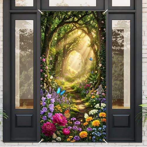 Image of Enchanted Forest Door Cover Butterfly Floral Front Door Banner