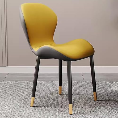 Juego de 2 sillas de comedor modernas de cuero amarillo con patas de metal dorado, asientos elegantes para decoración de hotel, restaurante y sala de estar