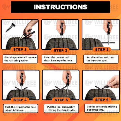 Image of WILLIBEE 8-in-1 (Pack of 10 Strips) Tubeless Tyre Puncture Repair Kit for Bike & Car | Heavy-Duty Puncher Kit (Includes Storage Bag) | Emergency Tyre Fix Tool Set