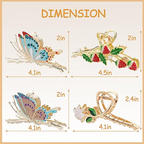 4 Pack Hair Clips, Flower Metal Hair Claw Clips, Butterfly Hair Clips for Thick Long Hair, Cute Strawberry Hair Clips for Women Girls, Tulip Metal Claw Clips for Curly Hair, Christmas Gift - Thumbnail 2