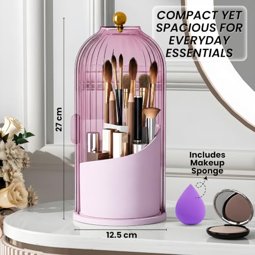 Image of OCEANEVO Cosmetic Makeup Brush Holder with Makeup Sponge, Dustproof Makeup Brush Organiser Stand with 360 Rotatable Lid - 12.5 x 27 Cm - Purple - 1 Year Warranty