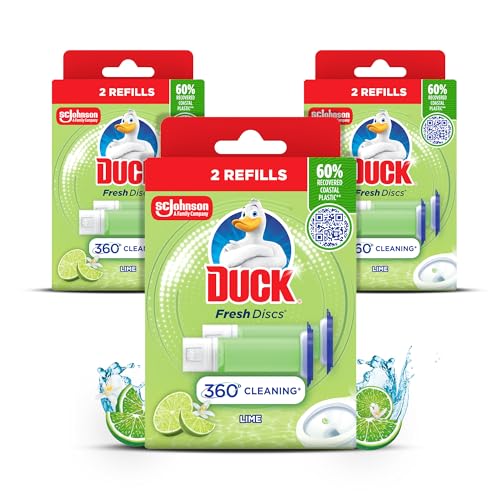 Duck Fresh Discs Toilet Cleaner Refill Twin Pack Fights Stains That Harbour Germs Prevents Limescale Build Up Lime Pack of 3 (Total of 6 Refill Tubes)