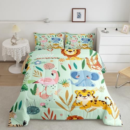 Image of Feelyou Nursery Cute Wild Animals Kids Bedding Set Twin Size for Girls Boys Child Cartoon Lion Giraffe Elephant Comforter Decor Nature Wildlife Comforter Set Zoo Animal Theme Duvet Quilt Set