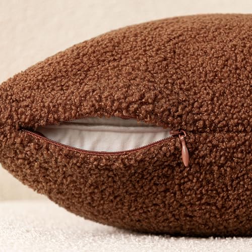 Image of Foindtower Pack of 2, Curly Faux Fur Decorative Throw Pillow Covers Soft Fuzzy Plush Cushion Case with Zipper Cozy Pillowcase for Home Living Room Couch Bed Sofa 22 x 22 Inch,Hazel Brown