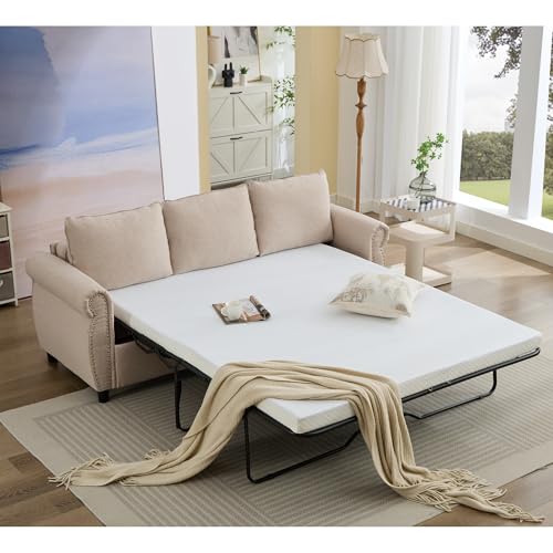 Image of Modern 3 Seat Sofa Couches with Pull Out Queen Memory Mattress Sleeper Bed, 2-in-1 Convertible 3 Seater Sofa Couch W /Rivet Decor and Scroll Armrests for Home Apartment