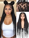 HANNE Real Full Lace Braided Wigs for Black Women 34 Inch Knotless Braided Wigs with Baby Hair 100% Handmade HD Lace Synthetic Box Braid Wig (Natural Black)