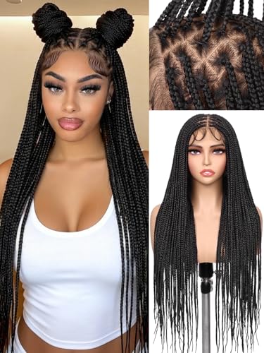 HANNE Real Full Lace Braided Wigs for Black Women 34 Inch Knotless Braided Wigs with Baby Hair 100% Handmade HD Lace Synthetic Box Braid Wig (Natural Black)