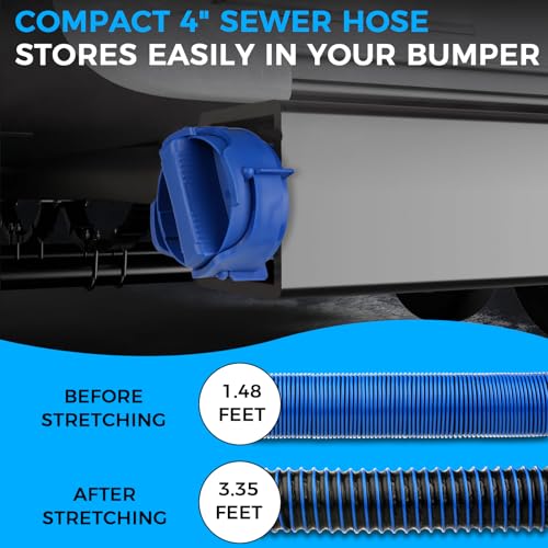 Image of SheeChung 3FT RV Sewer Hose, Short Camper Sewer Hose for RV Dumping, Heavy-Duty Waste Hose with Swivel Fittings, 90-Degree Clear Elbow, 4-in-1 Adapter, 2 Storage Caps, 1 RV Waste Value Wrench