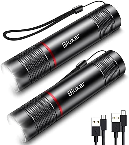 Blukar LED Torch Rechargeable, [2 Pack] 2000L Super Bright Adjustable Focus Flashlight, 4 Lighting Modes, Long Battery Life, Waterproof Pocket Size Torch for Power Cuts, Emergency, Camping