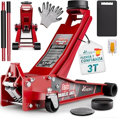 TRESKO Gato hidráulico 3T, altura de elevación de 75 – 510 mm, hidráulico, gato hidráulico para coche, doble pistón y ruedas de 360°, incluye 2 almohadillas de goma, alfombrilla protectora, guantes