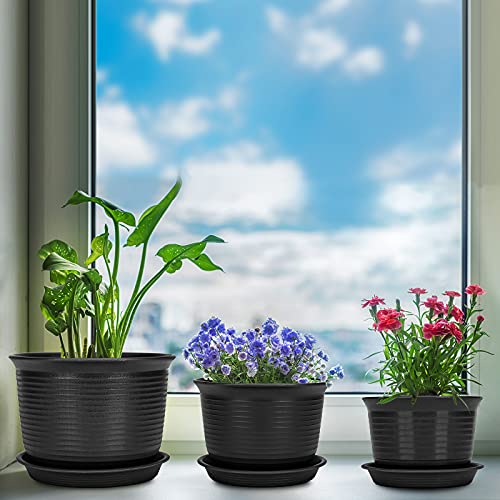 Rifny 10/9/8/7/6 Inch Plant Pots, Large Plastic Planters For Indoor Plants With Drainage Holes And Tray, Set Of 5 Modern Decorative Flower Pots For House Garden Plants, Flowers (Dark Grey) #TOP2