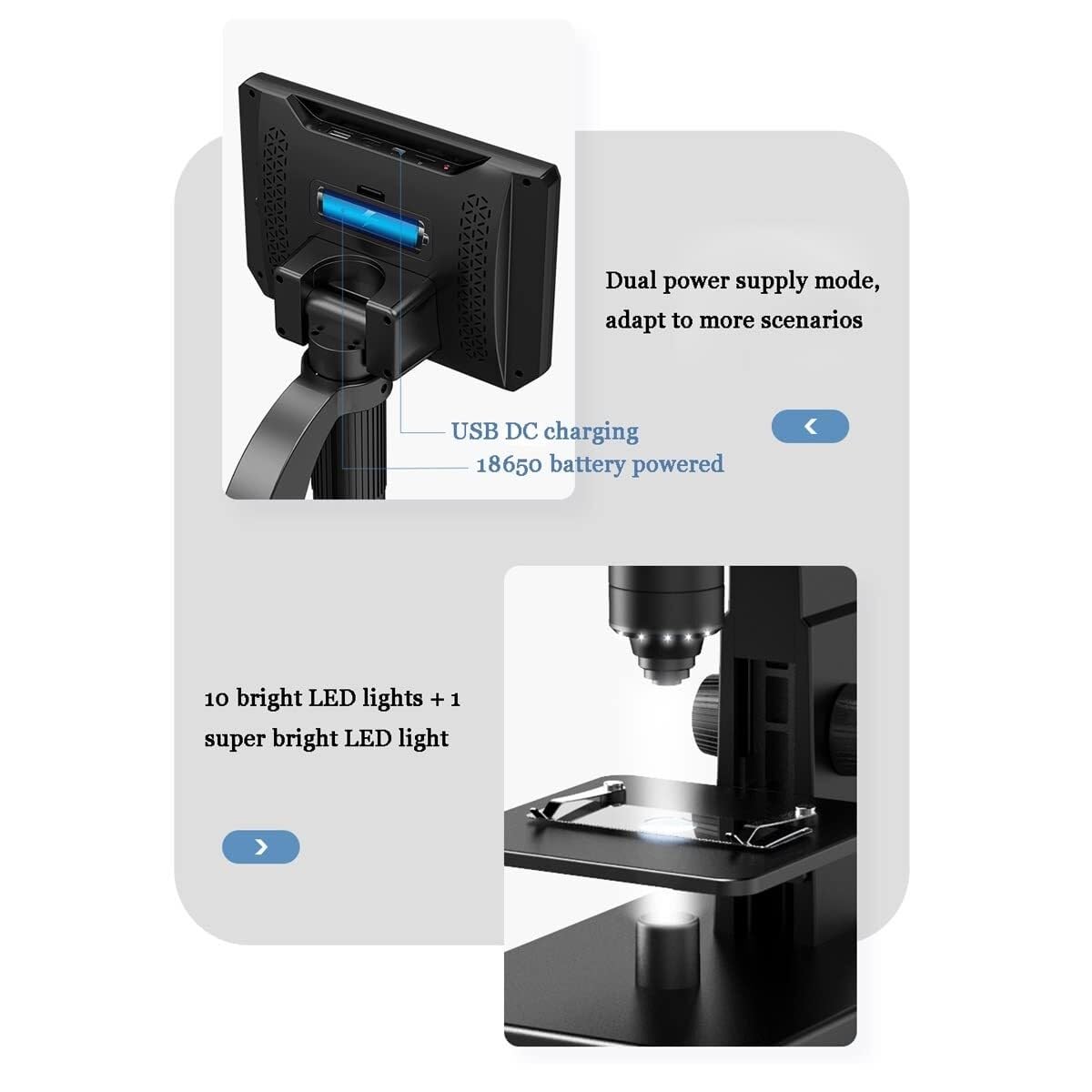 Microscopio biologico digitale 2000X con doppia lente, display IP da 7 pollici, 11 LED, video 1080p, per bambini e adulti, compatibile con più sistemi operativi