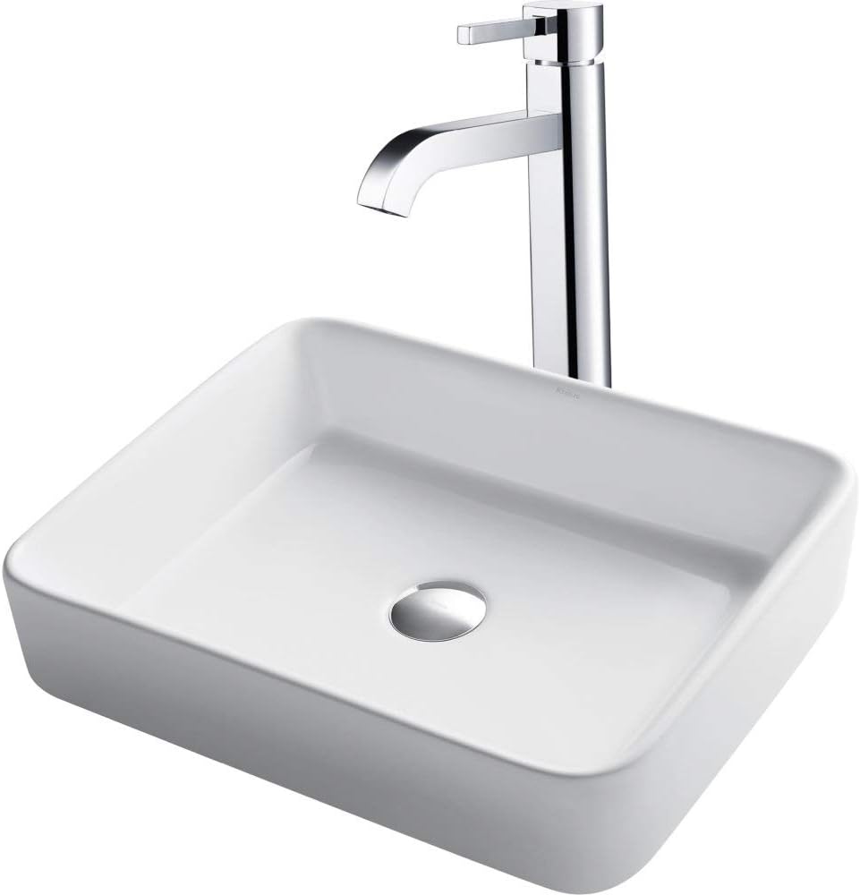 KRAUS 19-inch Modern Rectangular White Porcelain Ceramic Bathroom Vessel Sink and Ramus Faucet Combo Set with Pop-Up Drain, Chrome C-KCV-121-1007CH