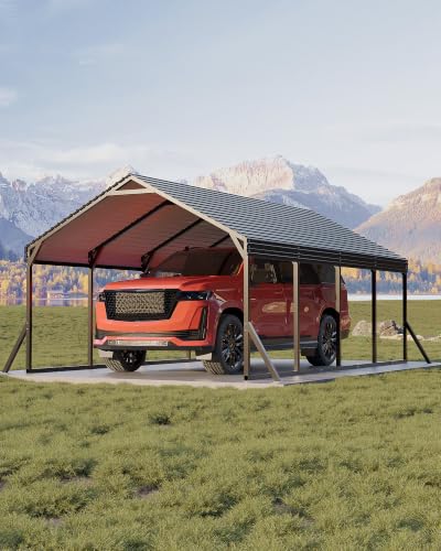 Image of GarveeLife 12x20x9 ft Metal Carport, Steel Car Port | Reinforced Frame / Regular Roof / All-Weather Use / Permanent Shelter for Pickups, Sedans, SUVs, or Boats