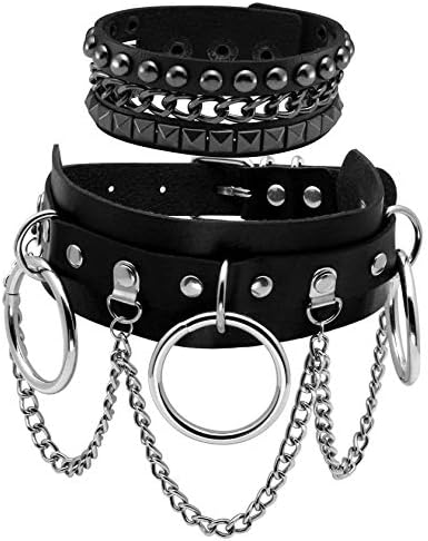 MILAKOO O Ring Punk Goth Metal Spike Studded Black Leather Collar Necklace Studded Chokers
