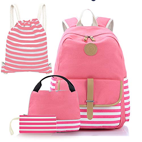 Joyfulife Girls Stripe Backpack Set 4-in-1 School Bookbags with Lunch Box, Drawstring Sack, Pencil Bag