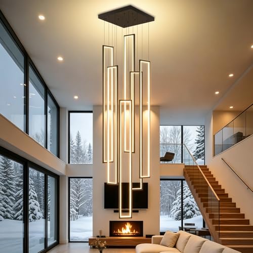 Flashing God Modern Led Chandelier,Black Chandeliers with 6 Ring for Foyer,Larger High Ceiling Chandeliers for Tall Living Room,Rectangle Chandelier for Entryway Staircase LED Dimming 2700k-6001k by Flashing God - Used condition - US$707.67